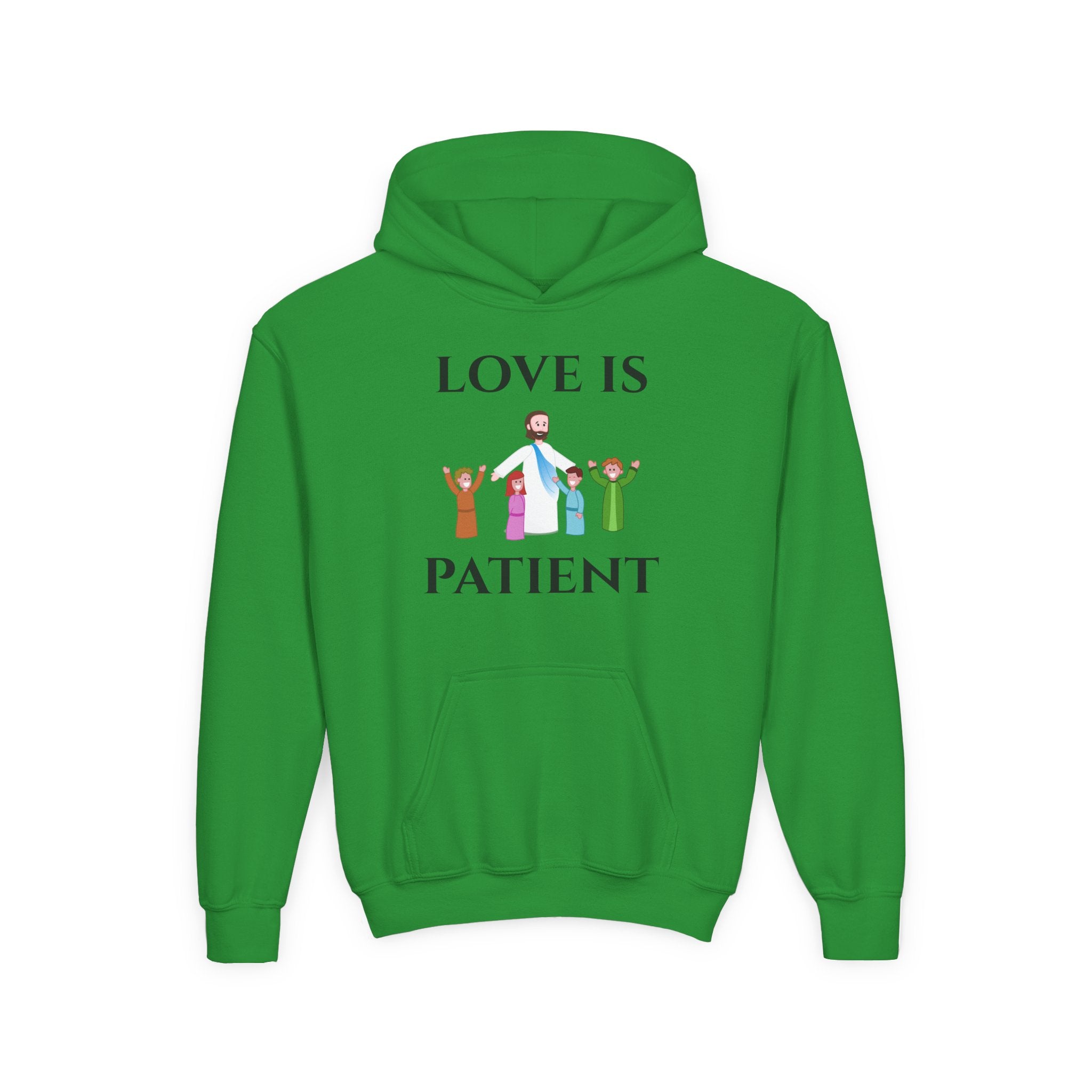 Youth Hoodie - "Love Is Patient" Christian Kids Sweatshirt (Olive/Blue Berry Back Design)