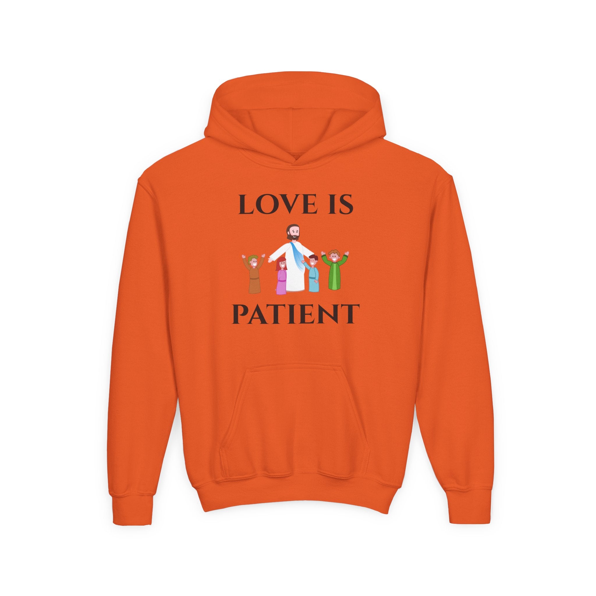 Youth Hoodie - "Love Is Patient" Christian Kids Sweatshirt (Olive/Blue Berry Back Design)