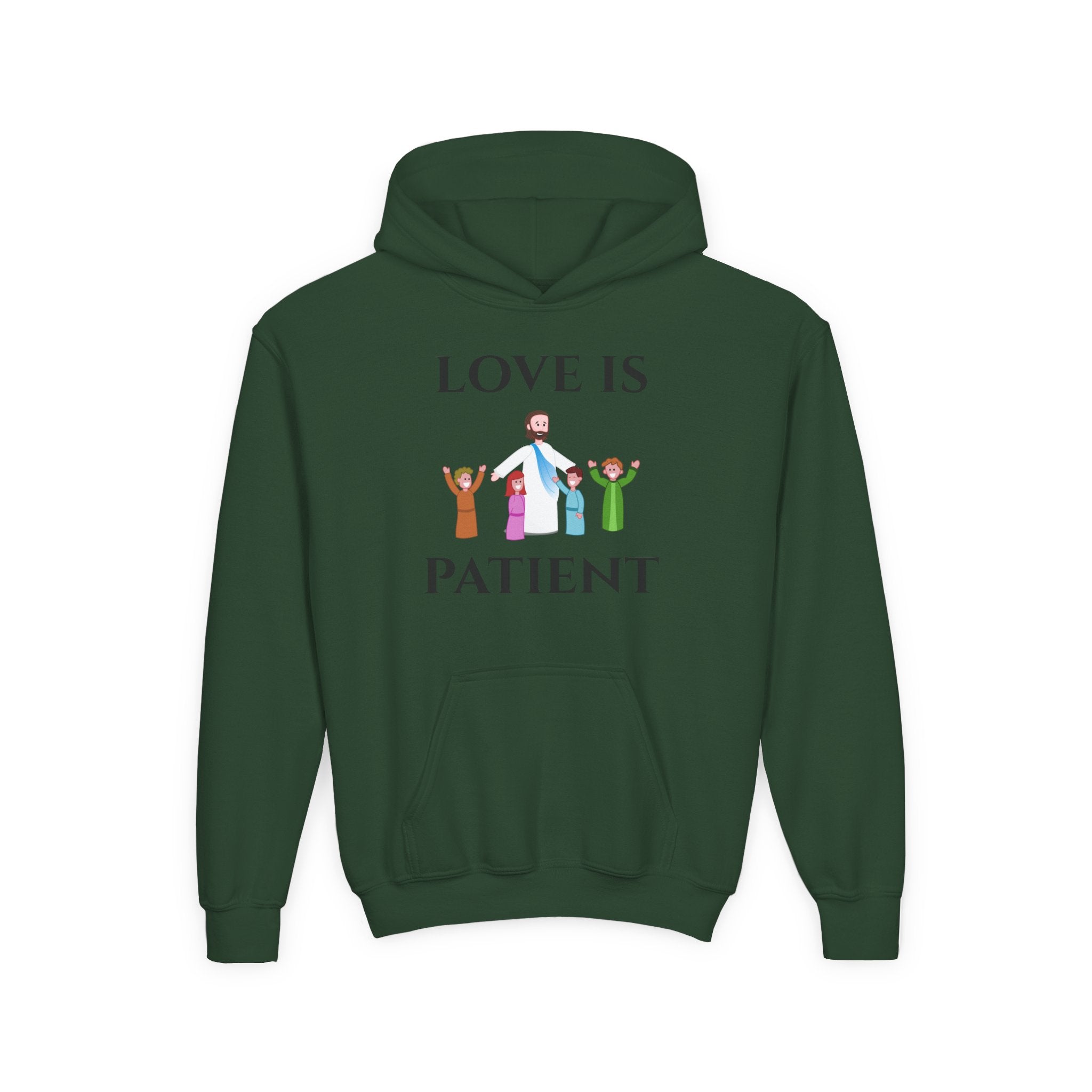 Youth Hoodie - "Love Is Patient" Christian Kids Sweatshirt (Olive/Blue Berry Back Design)