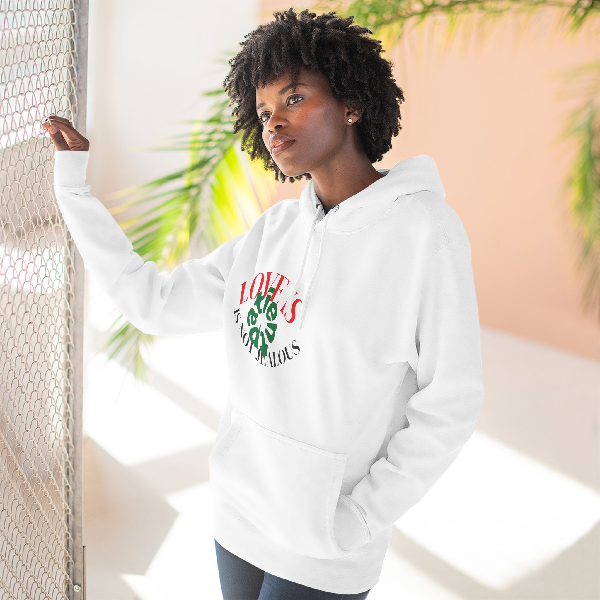 Love Is Not Jealous Graphic Hoodie — Feminine Script Heart Design