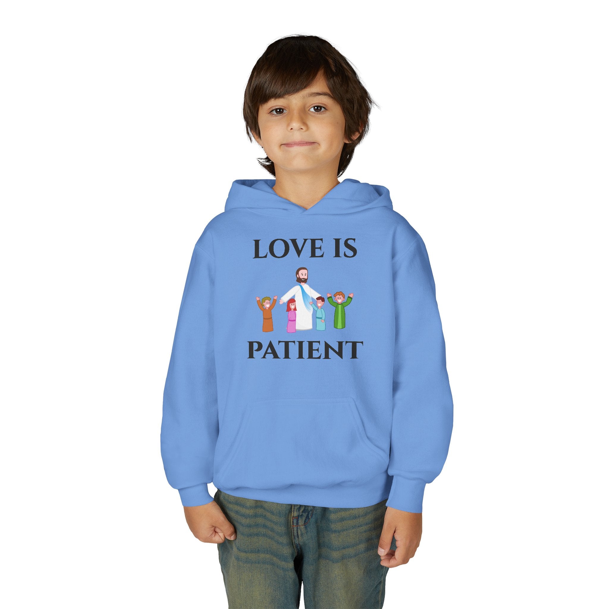 Youth Hoodie - "Love Is Patient" Christian Kids Sweatshirt (Olive/Blue Berry Back Design)