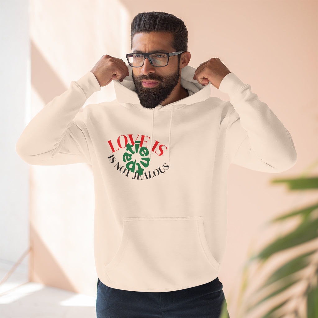 Love Is Not Jealous Graphic Hoodie — Feminine Script Heart Design