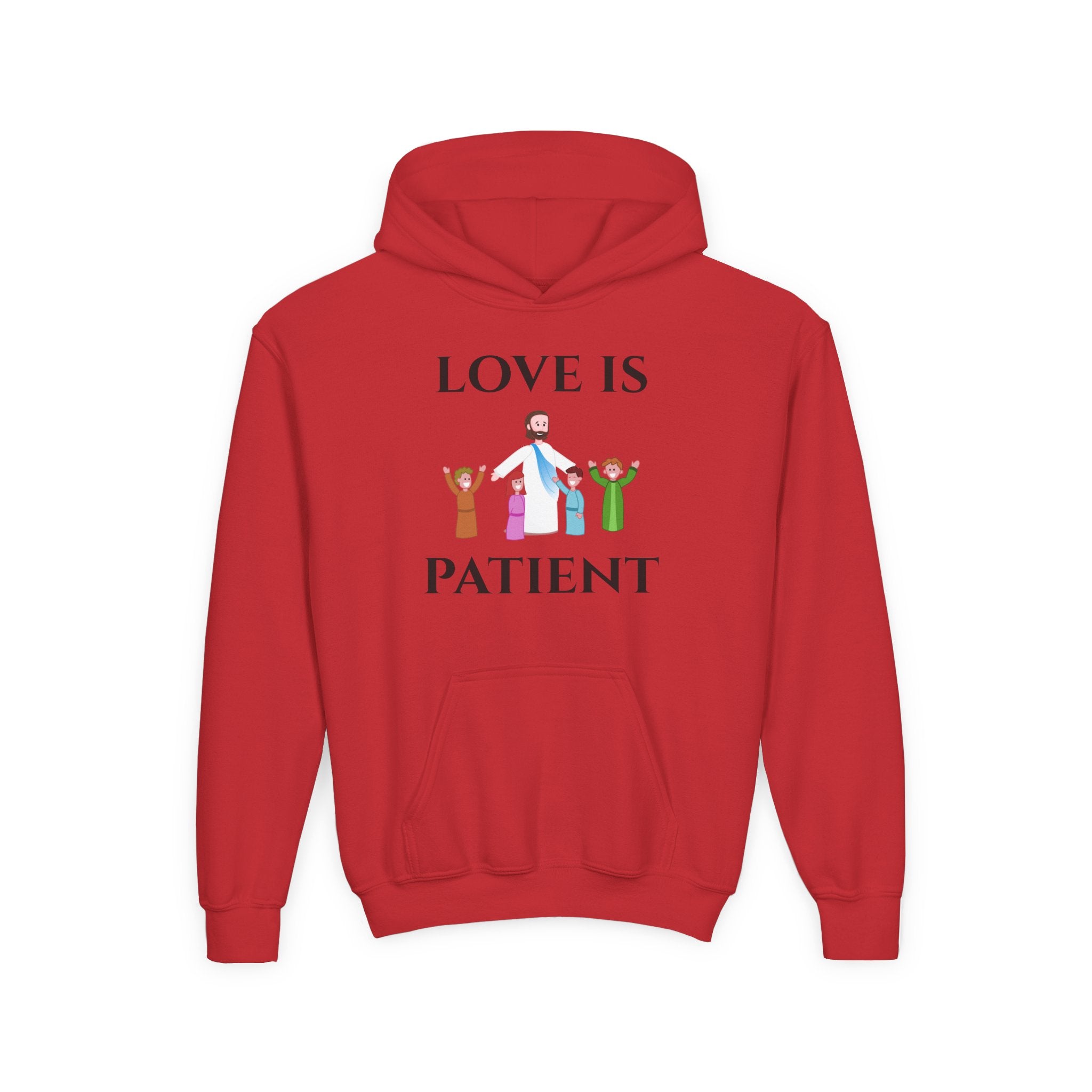 Youth Hoodie - "Love Is Patient" Christian Kids Sweatshirt (Olive/Blue Berry Back Design)