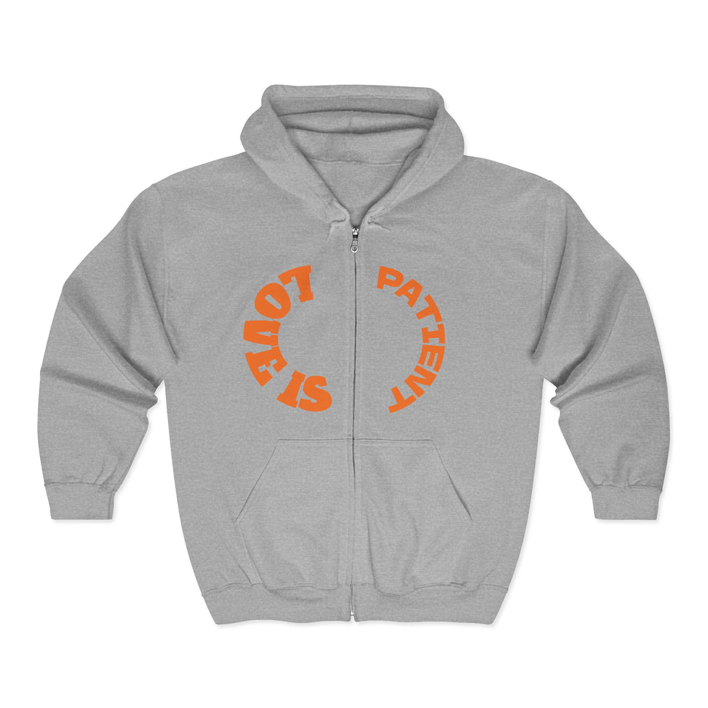 Zip Hoodie — "Stay Patient" Retro Circular Typography Black Zip-Up