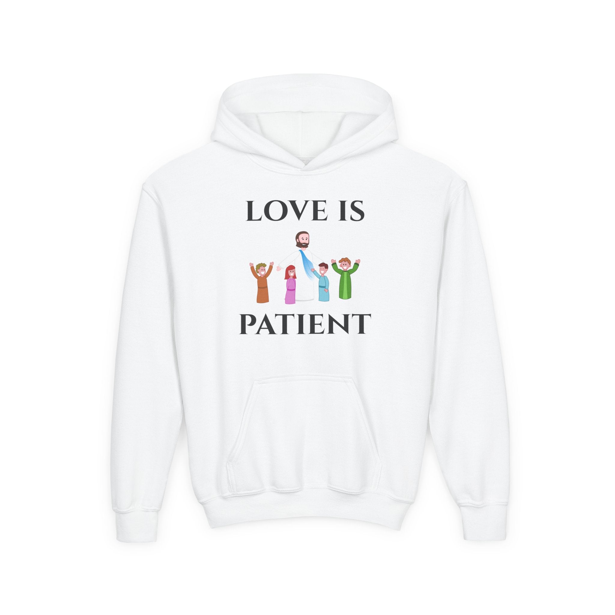 Youth Hoodie - "Love Is Patient" Christian Kids Sweatshirt (Olive/Blue Berry Back Design)