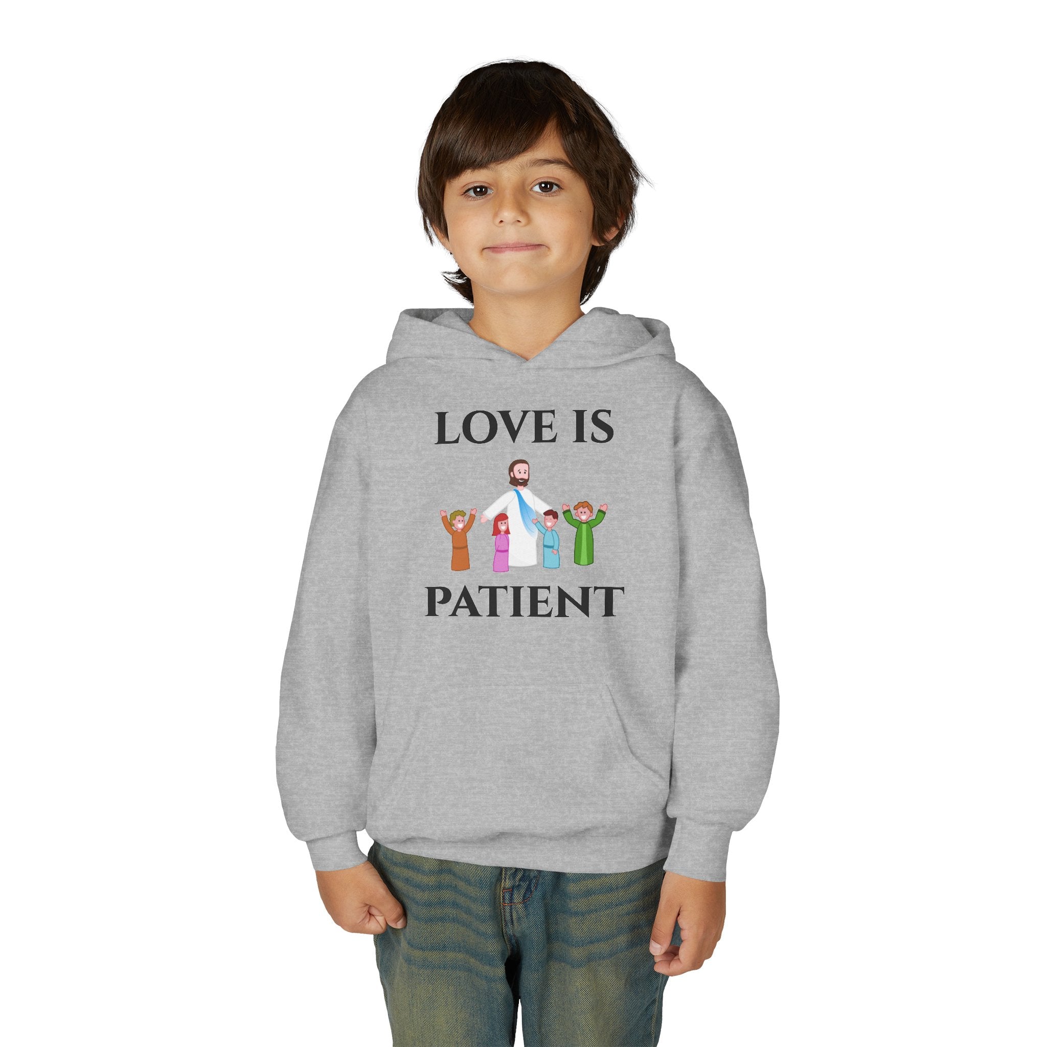 Youth Hoodie - "Love Is Patient" Christian Kids Sweatshirt (Olive/Blue Berry Back Design)