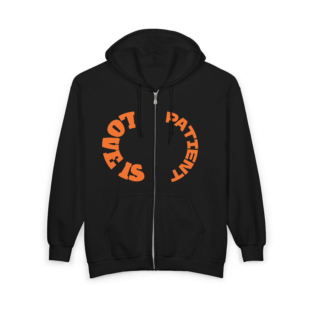 Zip Hoodie — "Stay Patient" Retro Circular Typography Black Zip-Up