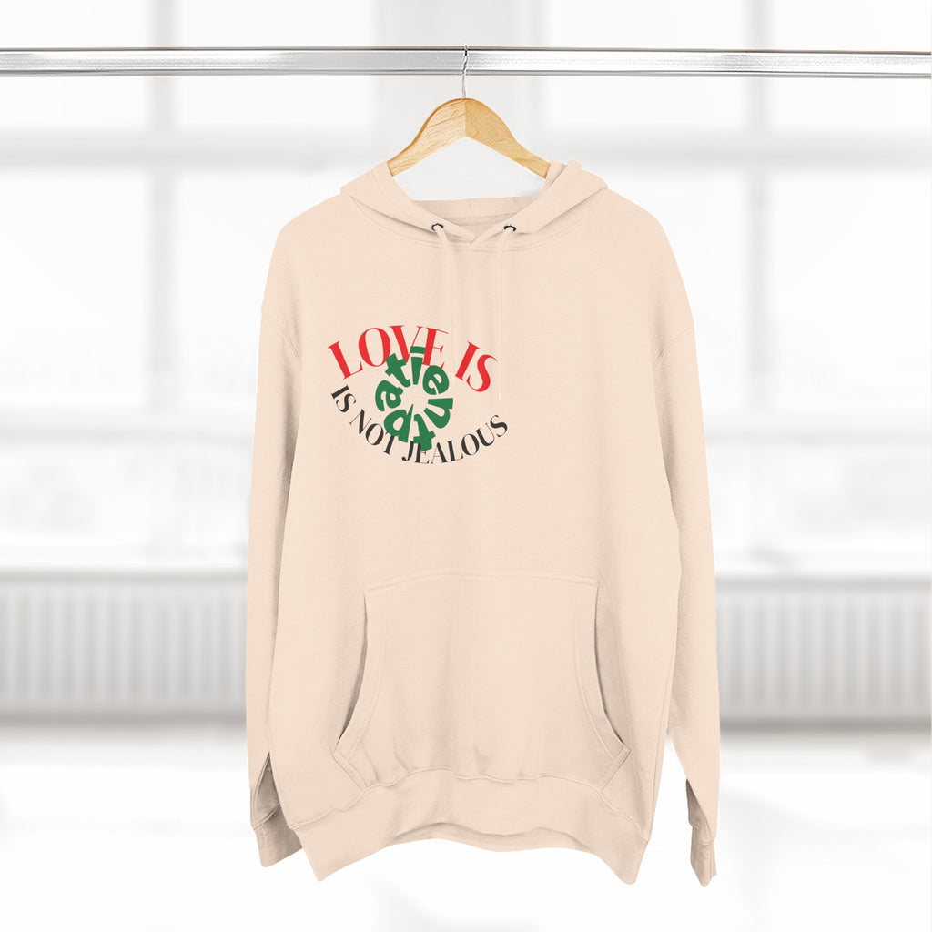 Love Is Not Jealous Graphic Hoodie — Feminine Script Heart Design