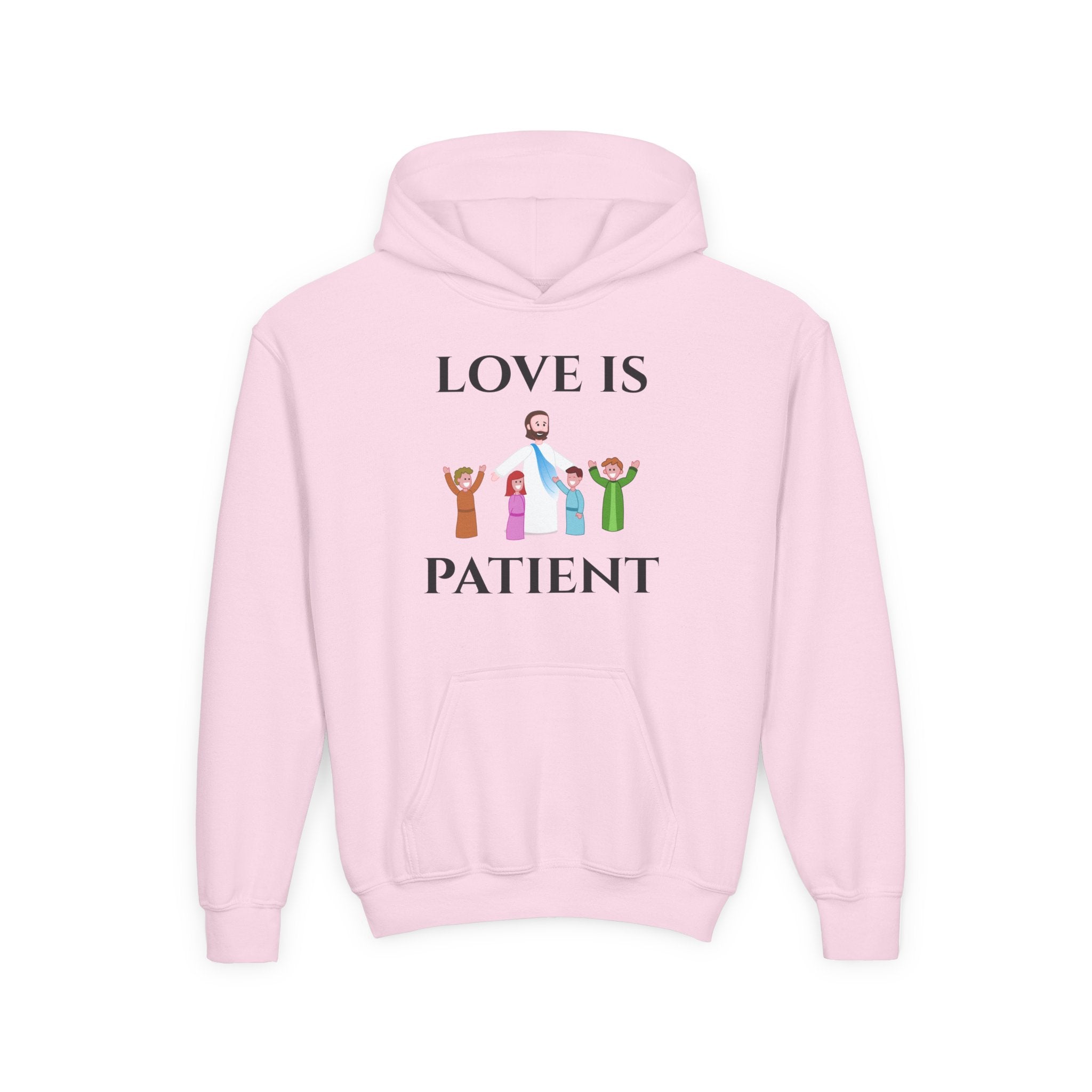 Youth Hoodie - "Love Is Patient" Christian Kids Sweatshirt (Olive/Blue Berry Back Design)