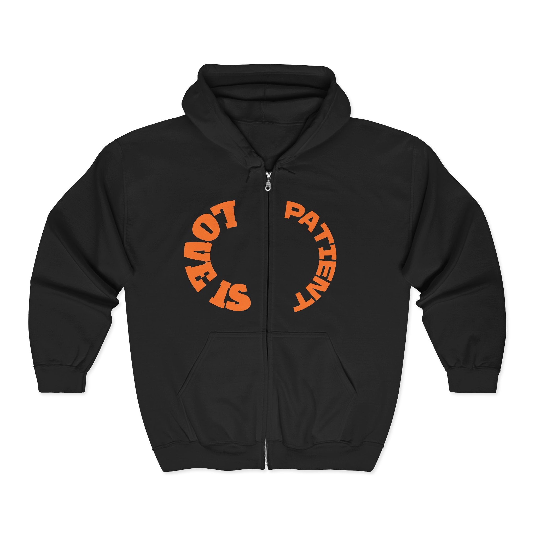 Zip Hoodie — "Stay Patient" Retro Circular Typography Black Zip-Up