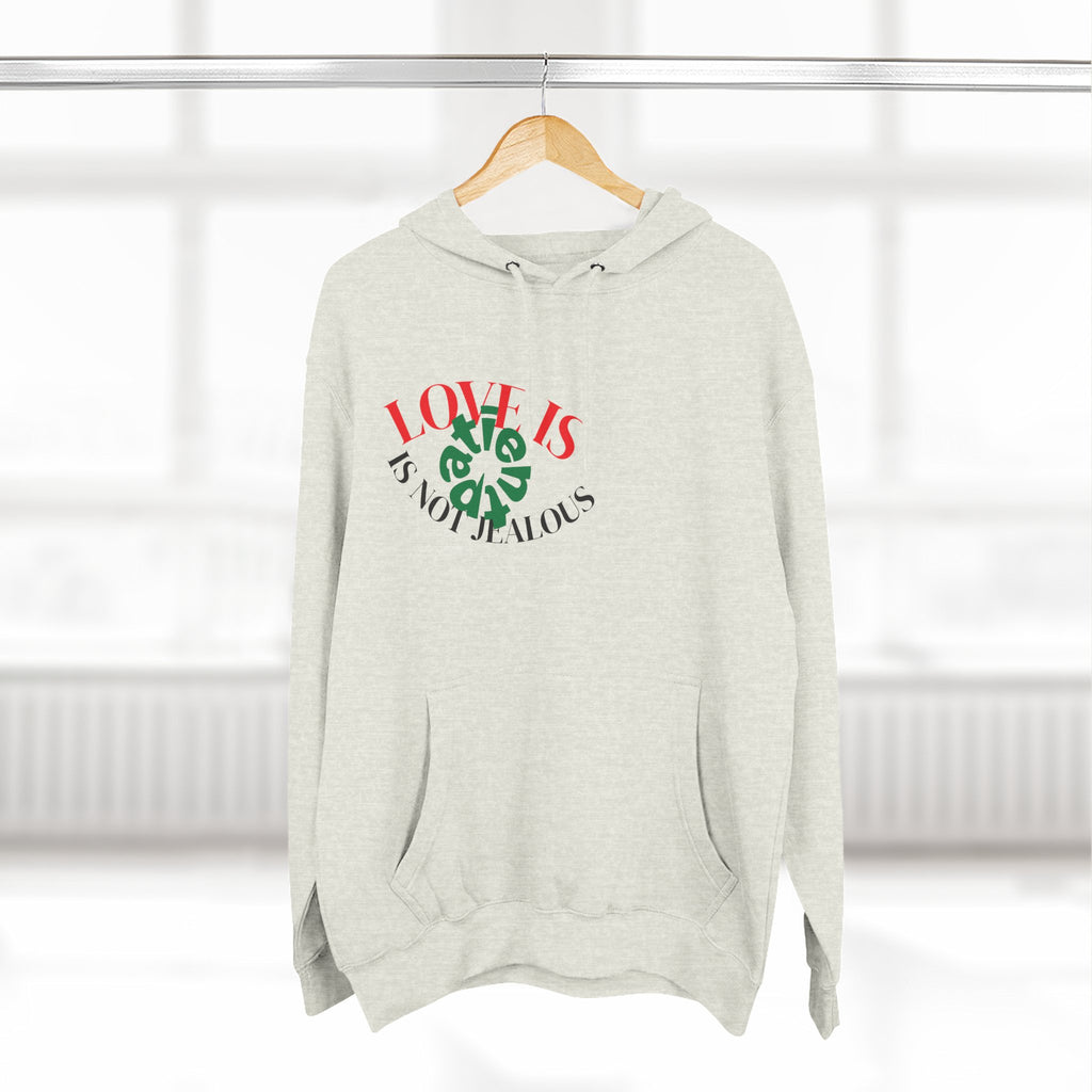 Love Is Not Jealous Graphic Hoodie — Feminine Script Heart Design