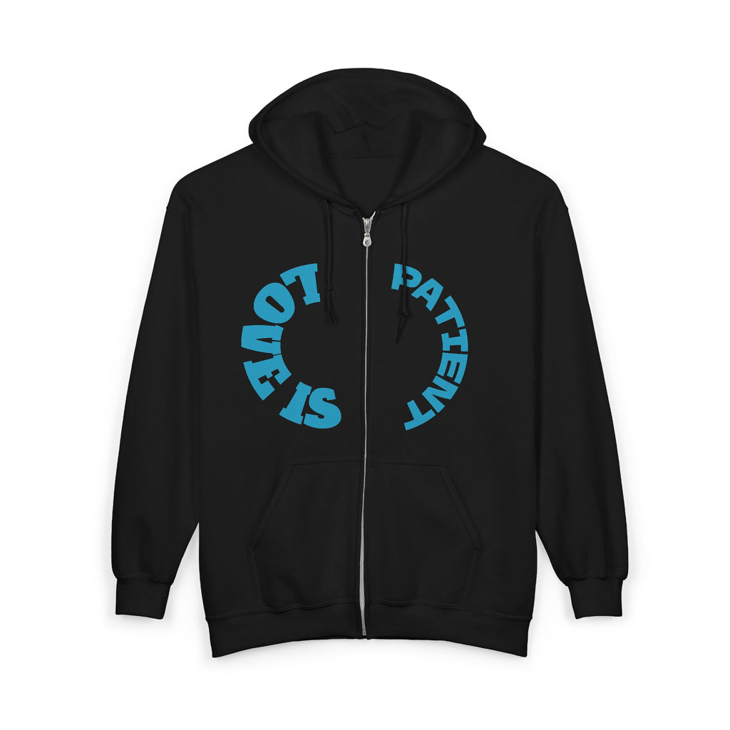 CZip Hoodie — "Stay Patient" Retro Circular Typography Black Zip Up