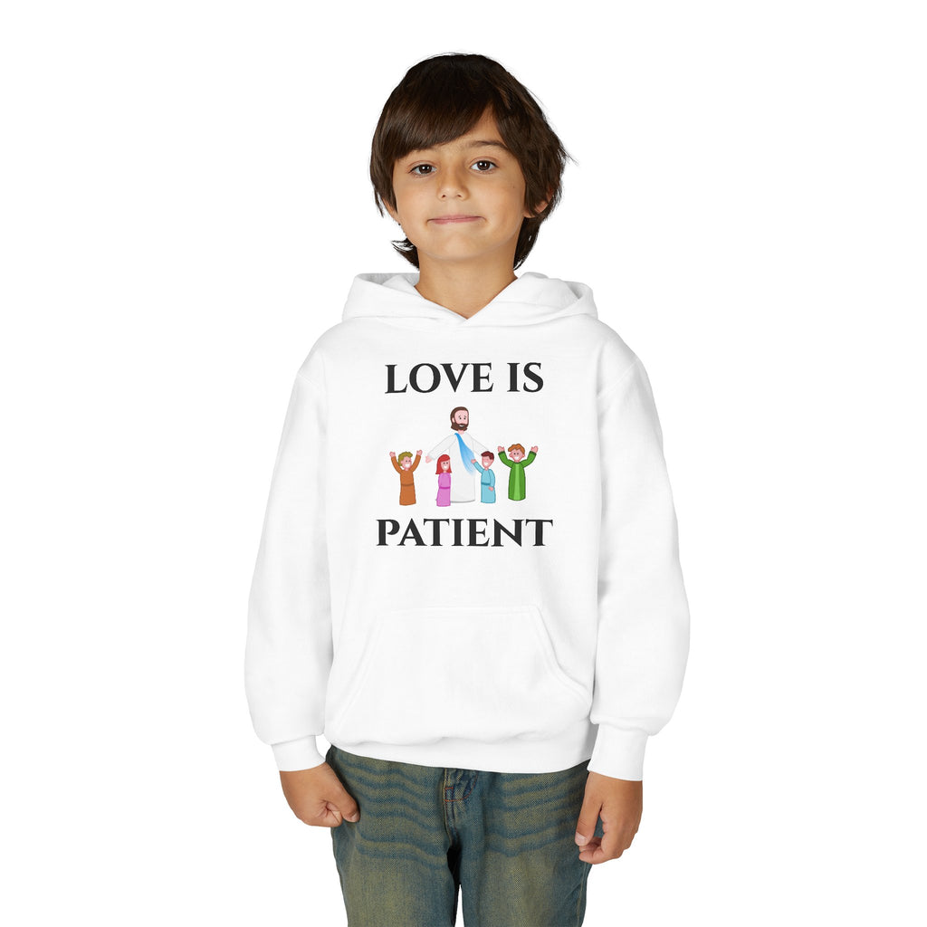 Youth Hoodie - "Love Is Patient" Christian Kids Sweatshirt (Olive/Blue Berry Back Design)
