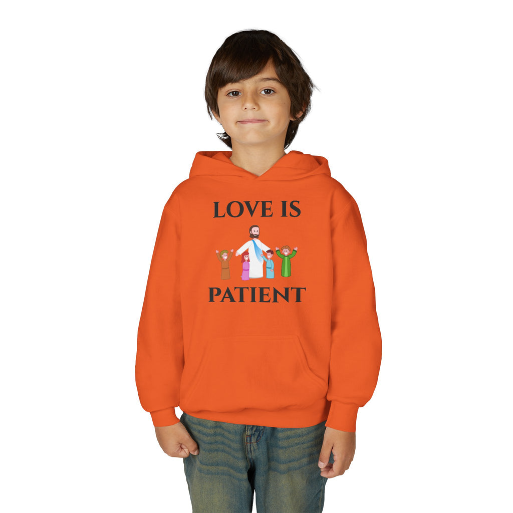 Youth Hoodie - "Love Is Patient" Christian Kids Sweatshirt (Olive/Blue Berry Back Design)