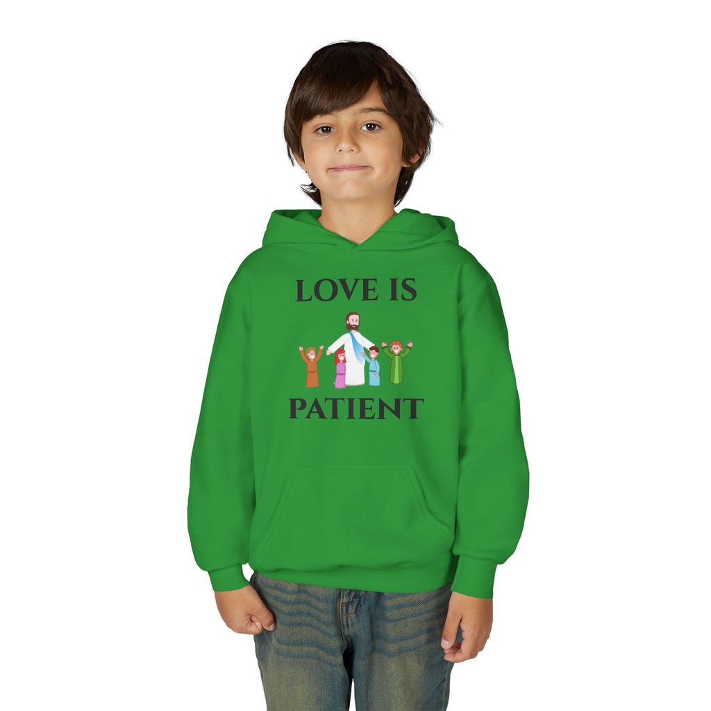 Youth Hoodie - "Love Is Patient" Christian Kids Sweatshirt (Olive/Blue Berry Back Design)