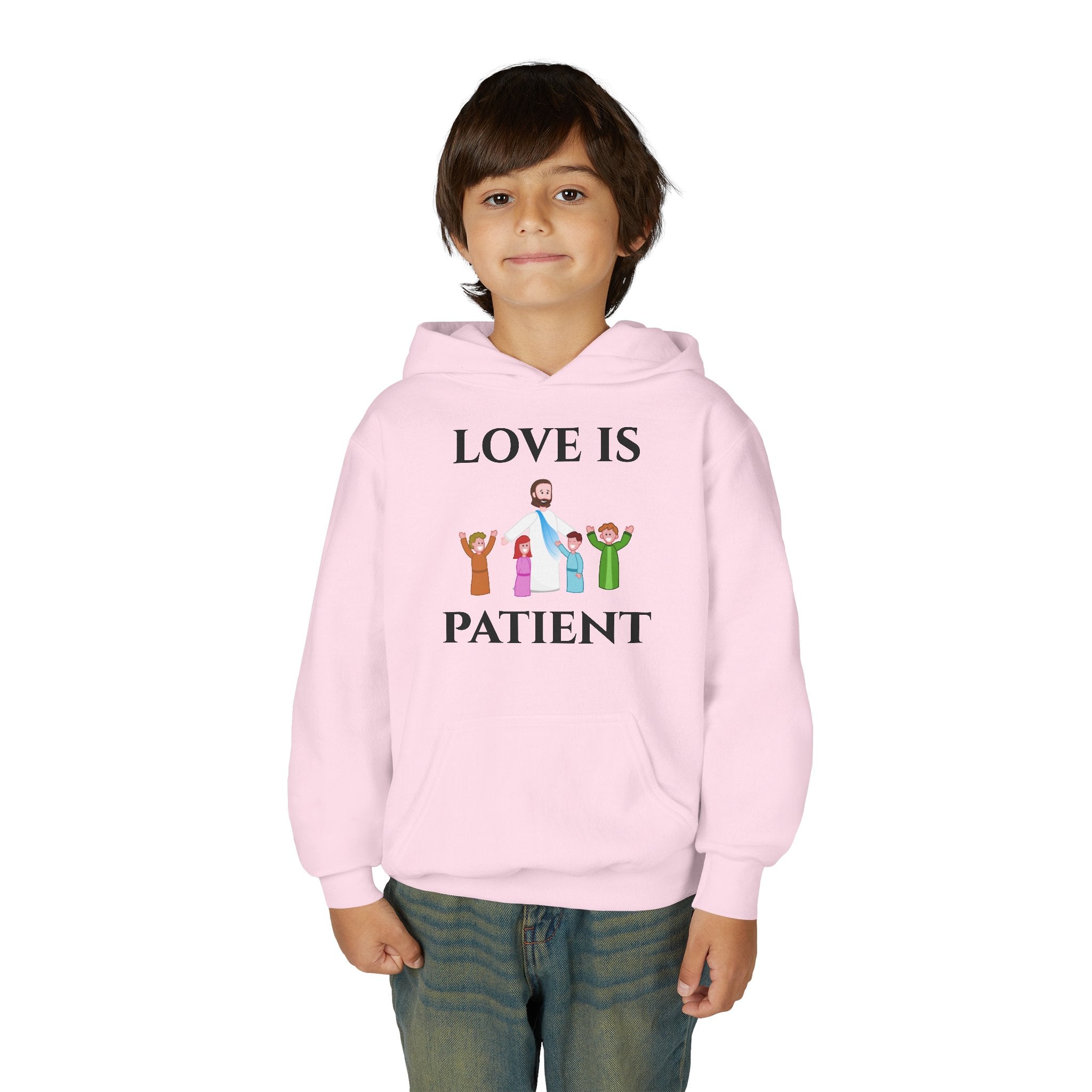 Youth Hoodie - "Love Is Patient" Christian Kids Sweatshirt (Olive/Blue Berry Back Design)