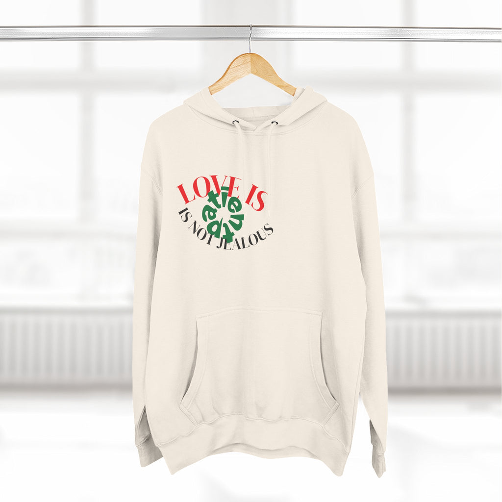 Love Is Not Jealous Graphic Hoodie — Feminine Script Heart Design