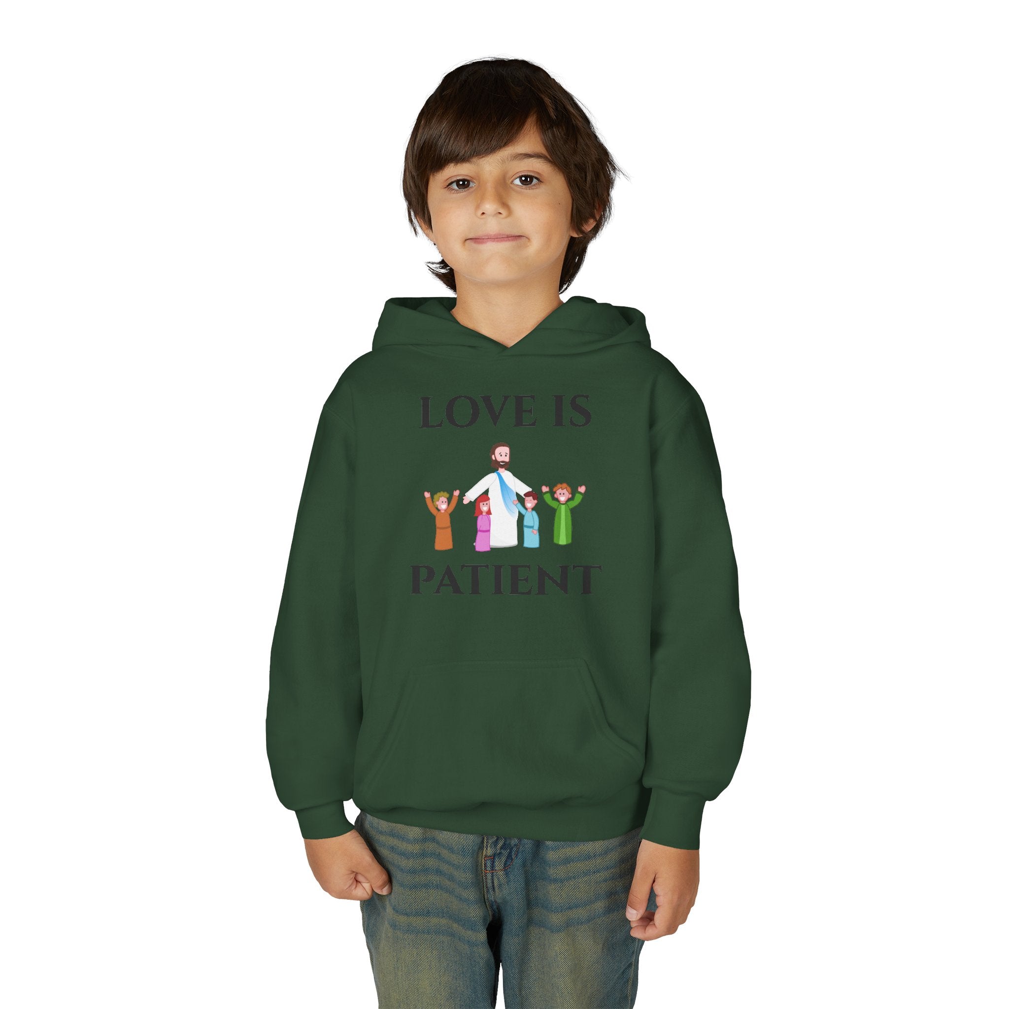 Youth Hoodie - "Love Is Patient" Christian Kids Sweatshirt (Olive/Blue Berry Back Design)