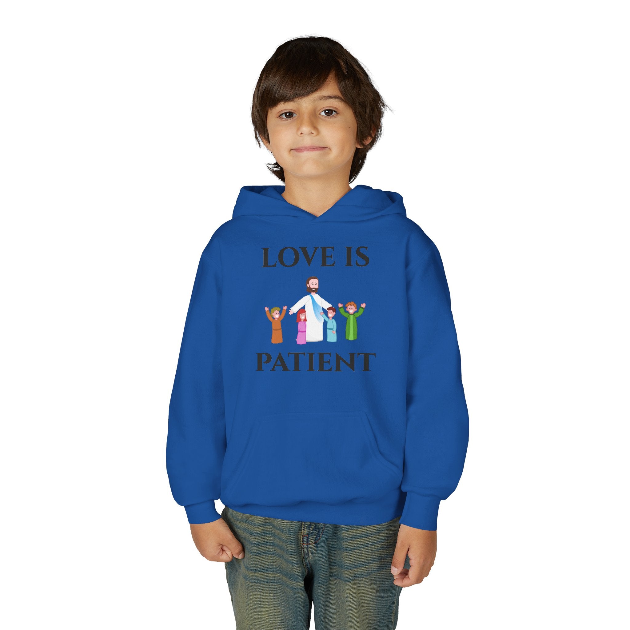 Youth Hoodie - "Love Is Patient" Christian Kids Sweatshirt (Olive/Blue Berry Back Design)