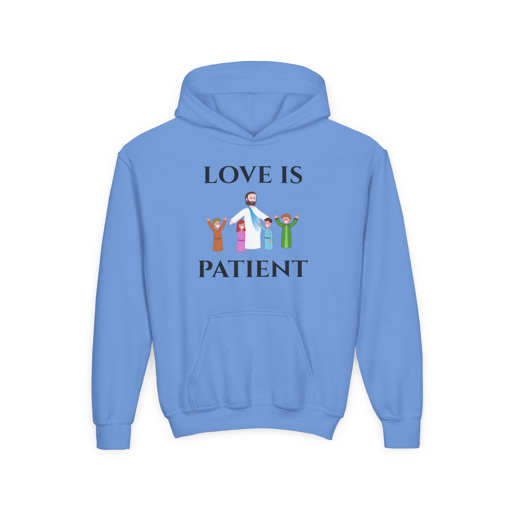 Youth Hoodie - "Love Is Patient" Christian Kids Sweatshirt (Olive/Blue Berry Back Design)