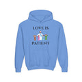 Youth Hoodie - "Love Is Patient" Christian Kids Sweatshirt (Olive/Blue Berry Back Design)