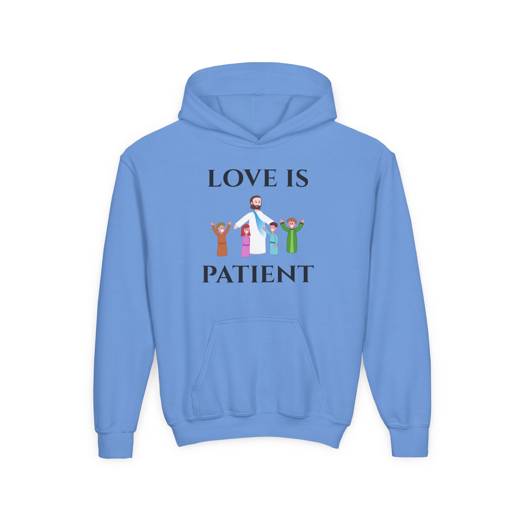Youth Hoodie - "Love Is Patient" Christian Kids Sweatshirt (Olive/Blue Berry Back Design)