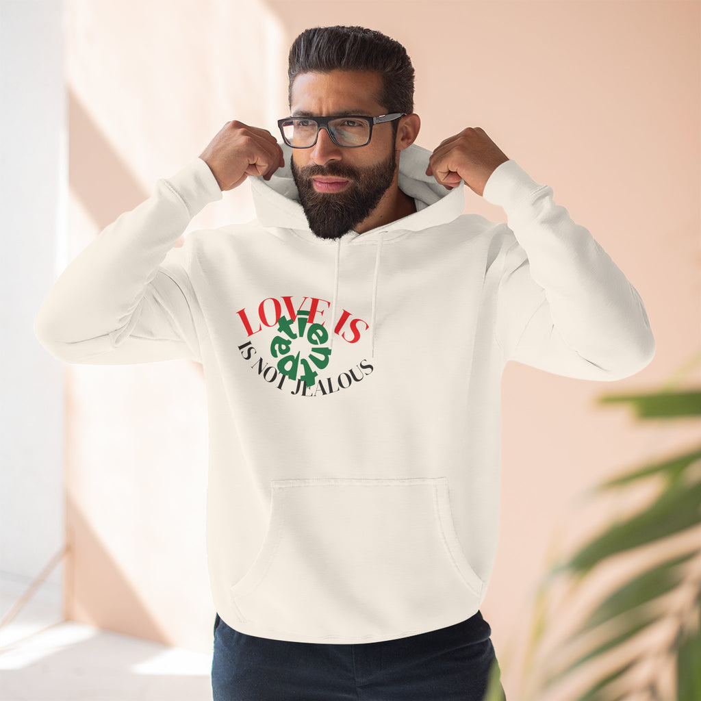 Love Is Not Jealous Graphic Hoodie — Feminine Script Heart Design