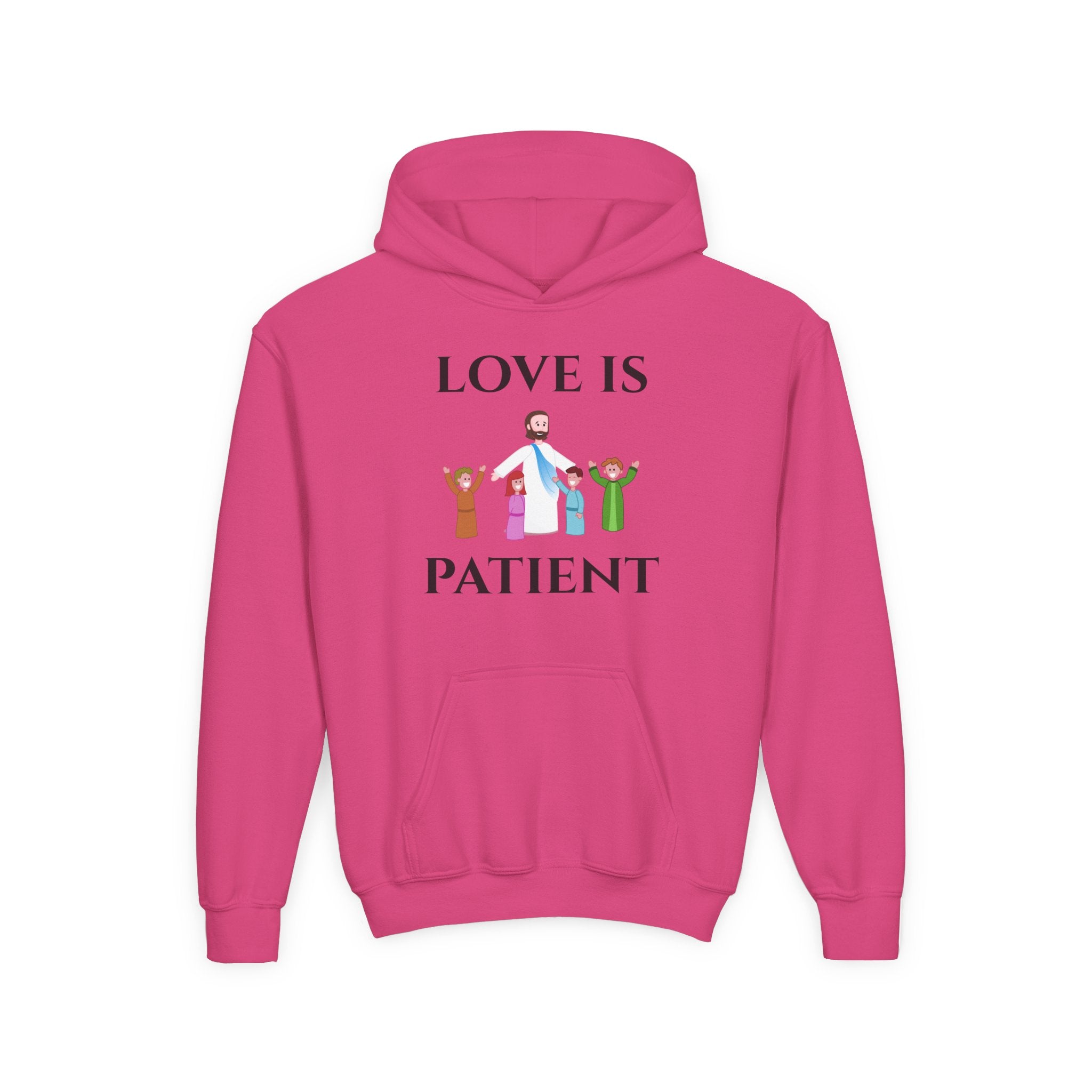 Youth Hoodie - "Love Is Patient" Christian Kids Sweatshirt (Olive/Blue Berry Back Design)