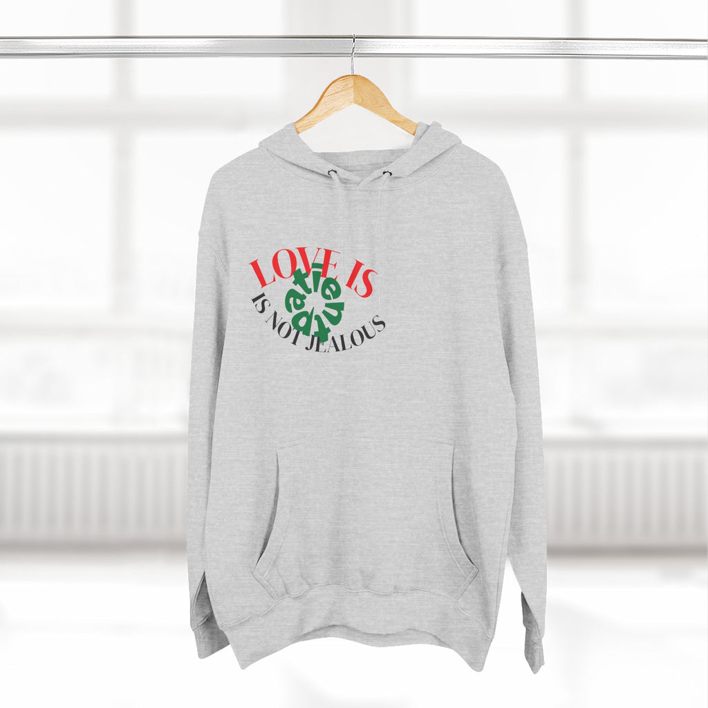 Love Is Not Jealous Graphic Hoodie — Feminine Script Heart Design